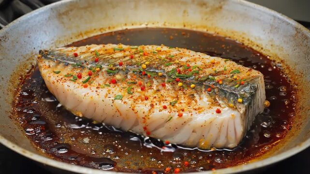 Delicious mackerel fillet cooking in a pan with spices and sauce for a gourmet meal