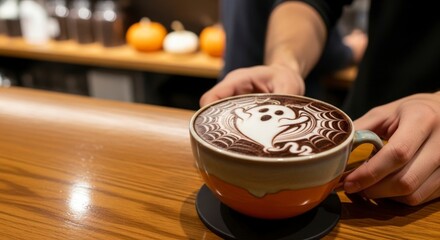 A barista serves a Halloween-themed latte with a ghost design made of foam art and chocolate drizzle.