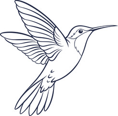 Dark blue outline of a hummingbird in flight with wings spread