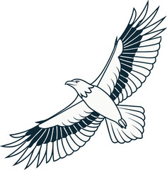 Dark blue and white graphic illustration of a soaring eagle with spread wings