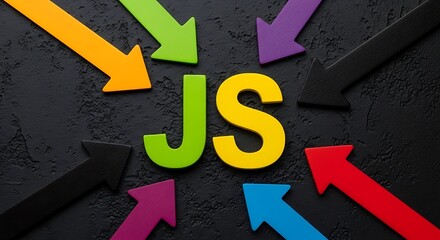 Colorful arrows point towards vibrant JS letters on dark background