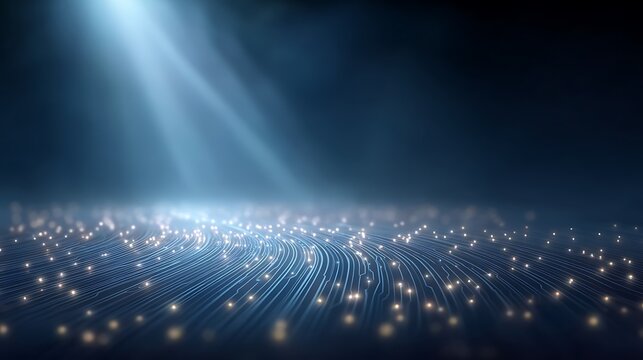 Luminous Flow Blue Circuit Board with Glowing Nodes Under a Spotlight Effect