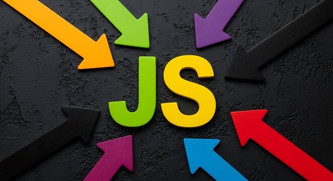 Colorful arrows point towards vibrant JS letters on dark background