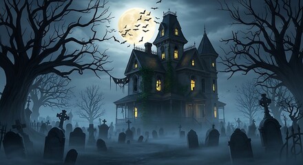 Spooky haunted house with graveyard under a full moon and bats flying, ideal for Halloween events, scary stories, or mysterious backgrounds