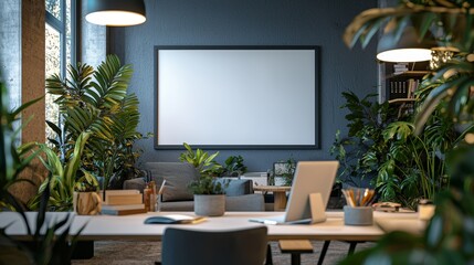 Modern Office Interior with Toned Walls and White Framed Blank Canvas for Creativity