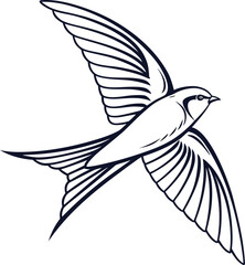 Stylized dark blue outline of a swallow in flight against a white background