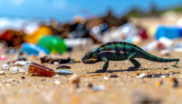 Camale&oacute;n entre basura simboliza la contradicci&oacute;n entre adaptaci&oacute;n y destrucci&oacute;n, una met&aacute;fora visual del impacto humano y la necesidad urgente de elegir un futuro sostenible para la vida en la Tierra