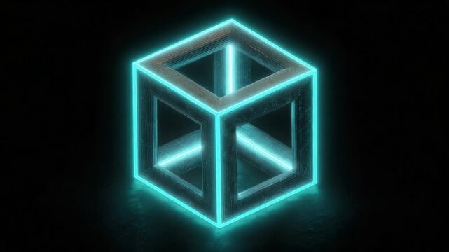 Seamless loop animation of a rotating impossible Penrose cube with glowing cyan neon edges, featuring a metallic textured surface reflecting on a dark, glossy floor in an endless, hypnotic motion