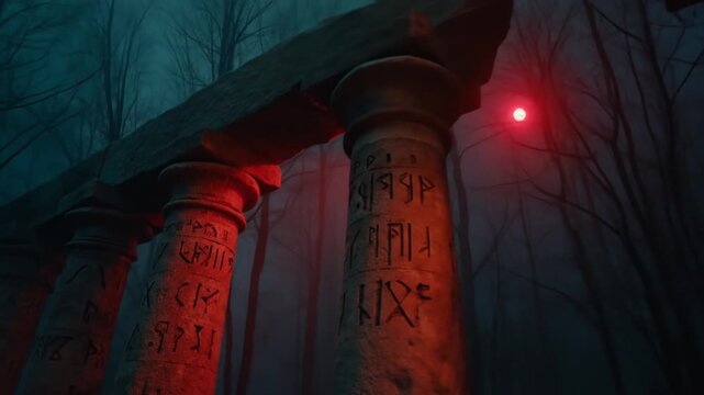 Ancient stone pillars, etched with cryptic symbols, stand sentinel in a misty, shadowy forest at night, illuminated by a striking red light source.
