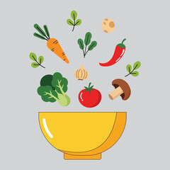 Fresh vegetables falling into a yellow bowl, creating a vibrant and healthy culinary illustration for recipes
