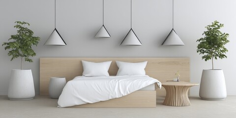 Modern Bedroom with Low Bed Frame, Minimalist Decor and Potted Plants