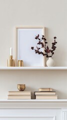 Elegant White Frame on Living Room Shelf with Decorative Accessories and Books