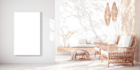 Bright and Airy Interior Mockup with White Frame on Wall in Stylish Scandi Living Room