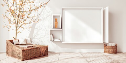 Minimalist White Living Room with Empty Frame and Natural Elements for Modern Spaces