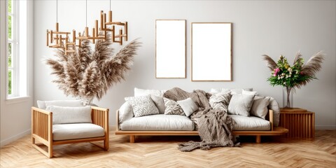 Elegant Minimalist Living Room with Blank Frames on Wall and Cozy Furniture Setup