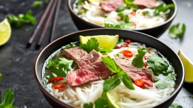 Two Bowls of Noodle Soup with Rare Beef Garnish Cilantro and Lime Wedges Placed on Dark Stone Surface with Soft Lighting