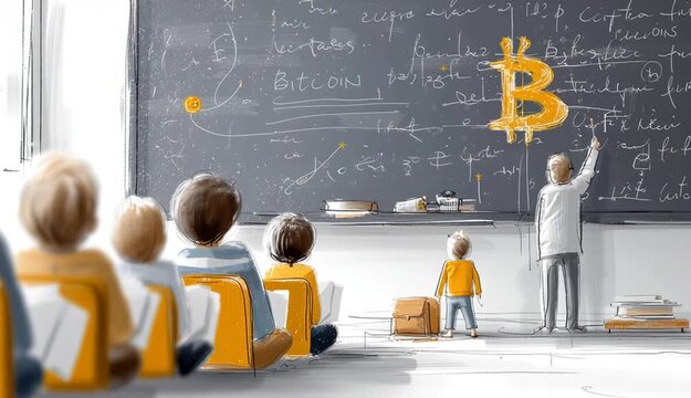 Cartoon Footage of Student in classroom learning Bitcoin Blockchain algorithms on the board, digital currency, decentralized finance, learning or knowledge concept