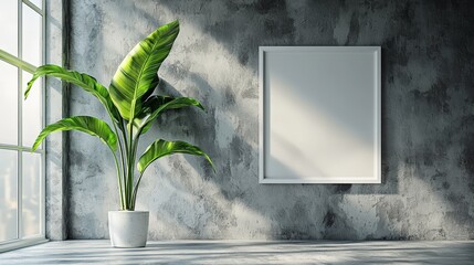 Minimalist Office Space with Green Plant and Empty White Frame on Gray Wall