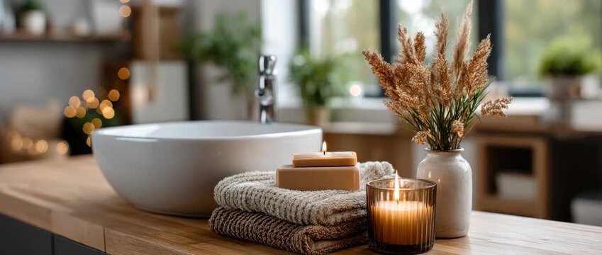 A peaceful bathroom setup shows soft towels, gentle candles, and a bouquet, creating a soothing and inviting space for self-care