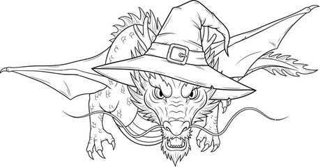 Dragon wearing a witch hat line art for coloring pages