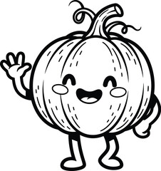 Cute cartoon pumpkin character waving hello on white background