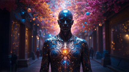 A humanoid AI figure stands on a futuristic city street. The image captures the fusion of technology, robotics, and future human identity in a synthetic world.