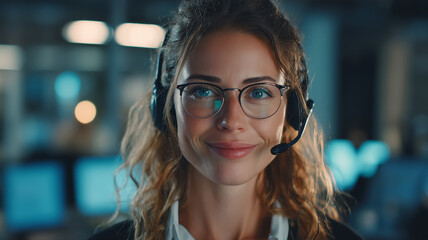 Young Professional Woman with Headset on Modern Call Center Background