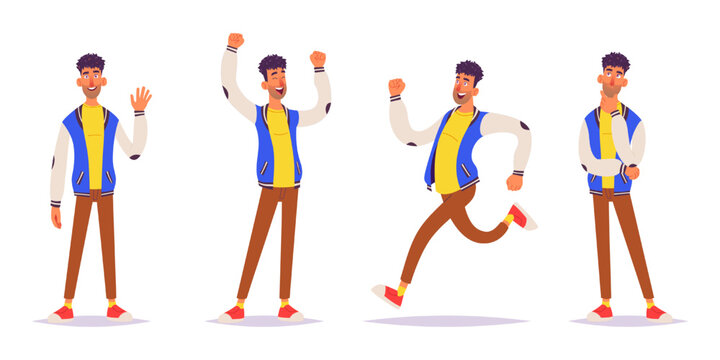 Cartoon young man character in casual clothes showing different emotions and poses