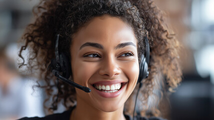 Young Professional Woman with Headset on Modern Call Center Background