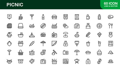 Flat and Outline Picnic Icons Set. Includes sandwiches, fruits, drinks, and baskets in a modern professional style for outdoor leisure and creative design use.