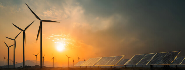 Renewable Energy Landscape Featuring Solar Panels and Wind Turbines with Natural Contrast
