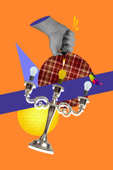 Vertical sketch 3d collage poster of human hand hold flicker candle wax illumination light bulb idea finding butterfly blackout