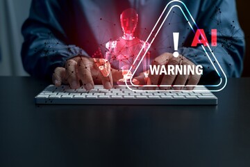 Concept of cybersecurity AI risk, data breach, malware, hacking, IT failure, and digital system vulnerability in modern technology,AI System warning alert on virtual interface with hand interaction.