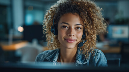 Young Professional Woman with Headset on Modern Call Center Background