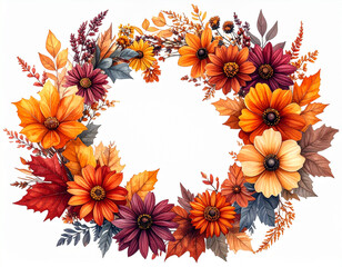 photo Fall floral wreath, autumn flowers, leaves, and wildflowers. Autumn leaves and 