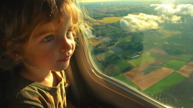 A child gazes out the airplane window, observing patchwork fields and clouds during a flight