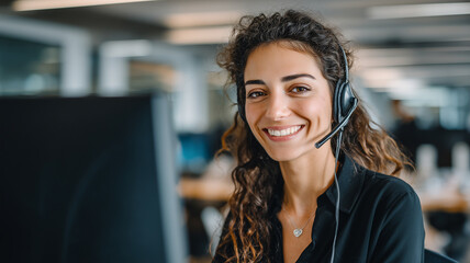 Young Professional Woman with Headset on Modern Call Center Background