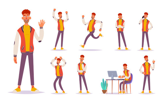 Cartoon young man character in casual clothes showing emotions and activities