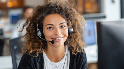 Young Professional Woman with Headset on Modern Call Center Background
