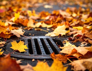Autumn leaves cover a dark metal drain