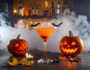 Festive Halloween cocktail with bats, pumpkins, and candles, surrounded by fog and spooky decorations, creating a mysterious and atmospheric party vibe.