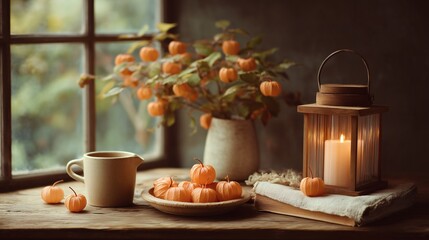 Fototapeta premium Autumn still life with physalis lanterns in vase, wooden lantern with candle, ceramic cup, plate of berries and old book on rustic windowsill.
