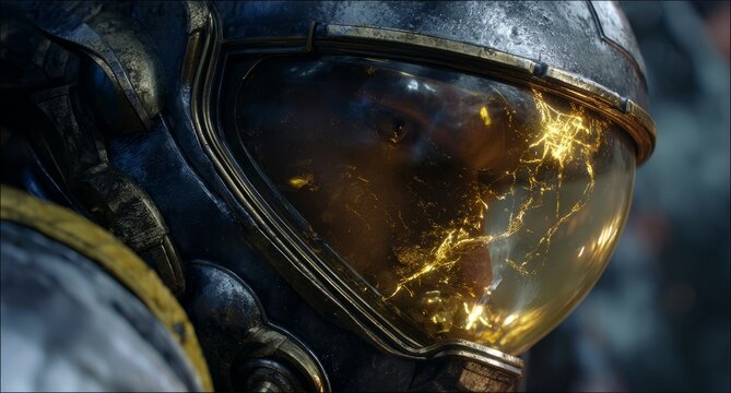 Futuristic Astronaut Helmet with Reflective Visor Showing City Lights and Lightning in Dark Space Setting