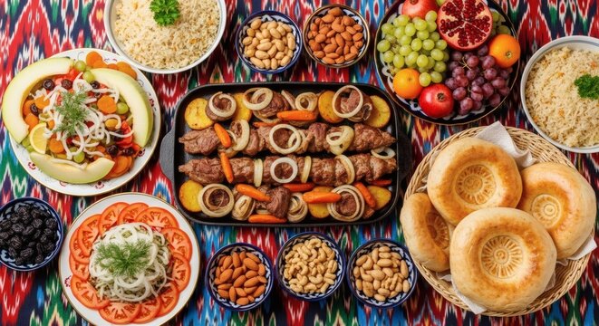 Authentic Uzbek Cuisine with Assorted Dishes on an Ikat Tablecloth
