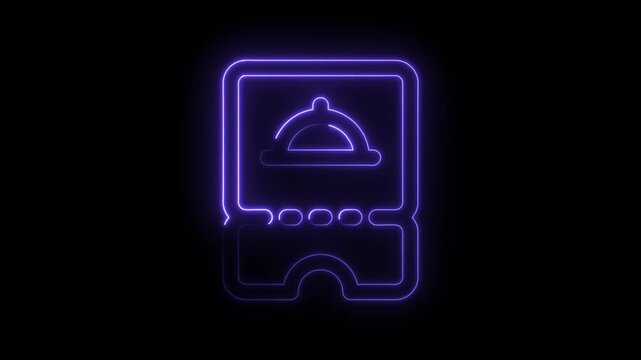 Glowing neon restaurant voucher icon animation on black background for online food ordering