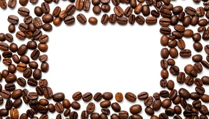 Roasted coffee beans around white rectangle space suitable for coffee shop menu, advertising, background, social media posts, website design.