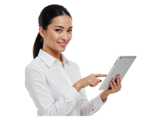 Smiling asian businesswoman in a white shirt using a tablet computer and touching the screen isolated on transparent background