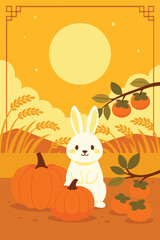 Fototapeta premium Cute Chuseok Vector Illustration – Mid Autumn Festival Moon, Rabbit, Pumpkins, Persimmons, and Harvest