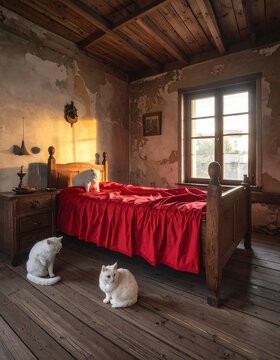 Rustic bedroom with red bed, cats, and sunlight