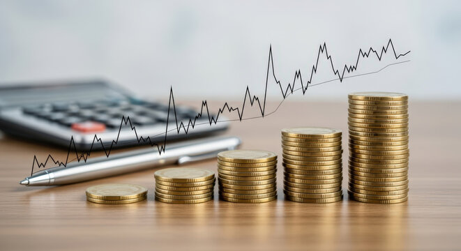 Financial Growth Visualization with Stacked Coins and Rising Line Graph Representing Investment Success and Economic Progress in a Business Context
